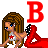 Pixel art contact sheet showing two frames of an animated buddy icon with a cartoon woman and changing 'B' letters.