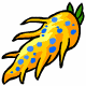 Yellow-orange fish with blue spots and green fins floats leftward against white background.