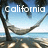 Pixelated beach scene with a hammock strung between two trees under a blue sky, overlaid with white text reading 'california'.