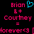 Pixelated text and symbols on black background with pink and cyan elements, showing 'Bryan' and 'Courtney' names with heart and plus symbols.