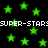 Green pixelated stars float against a black background with repeated white text reading "SUPER-STAR" in two horizontal bands.