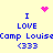 Pixelated blue text on yellow background reads 'I LOVE Camp Louise <333' with pink heart and sparkles above and below.