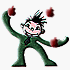 Animated green cartoon figure in a suit juggling red apple-shaped objects with varying arm positions and apple placements across frames.