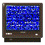 Five CRT monitors display static noise in blue, green, black, white, and red color variations with dark gray bezels.