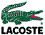 Green crocodile with open mouth showing pink interior, positioned above black text reading LACOSTE on white background.