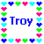 Pixelated heart-shaped icons in cyan, blue, green, and pink form a border around the word 'Troy' on white background.