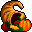 Pixelated icon of a witch's hat with autumnal colors, featuring orange and brown tones, green leaves, red berries, and a dark interior.