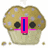 Pixelated muffin-shaped character with brown top, light beige base, and purple spots; pink blush on cheeks; black circular eyes; smiling mouth; small crumbs around base.