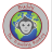 Pixelated circular icon with red border, blue-green globe background, and central gray face with black hair and simple features.