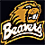 Pixelated mascot head with open mouth and sharp teeth above arched text on dark background, transitioning to a diagonal sword-like object on teal background.