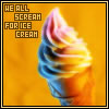 A pixelated ice cream cone with swirled pink, blue, and yellow colors against a solid orange background, with text reading "WE ALL SCREAM FOR ICE CREAM" in blocky brown letters.