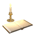 Animated sequence of an open book with pages turning under a candle, displayed in a