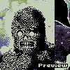 Pixelated character with skeletal face, black hair, and white teeth against a light background with purple and green accents.
