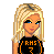 Pixel art doll with blonde hair wearing black shirt with orange text, holding a volleyball, standing in a with text labels