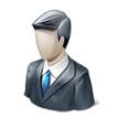 Static cartoon-style icon of a faceless man in business attire with gray hair, blue tie, and dark suit against white background.