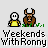 Pixel art of two characters: a white-faced figure in yellow shirt and a brown bull-headed figure with green grass base, with text 'Weekends With Ronny' below.