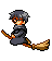 Pixel art character with gray hair and glasses rides a broomstick, shown in multiple sequential poses against solid light gray background.