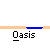 Animated pixel art sequence showing a green character with white eyes and orange limbs performing actions above 'Oasis' text, including raising an arm with a speech bubble reading 'WATER!' and transitioning through various poses.