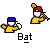 Pixelated cartoon figures in yellow shirts and blue or red caps play baseball with a white ball on gray background, labeled 'Bat' below each scene.