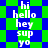 A pixelated animation cycles through two distinct background patterns while displaying the same sequence of white text on a blue-green checkered field.
