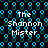 Pixelated text 'The Shannon Mister' repeated four times on a black background with blue circular patterns.