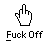 A static contact sheet of two identical pixel art buddy icons featuring a white cursor hand giving the middle finger with "Fuck Off" text below, alongside red and black promotional text for badassbuddy.com on a gray background.