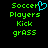 Green pixelated text reads 'Soccer Players Kick grass' with a cyan heart symbol replacing the 'o' in 'Soccer' on the left side of the image.