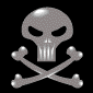 Two side-by-side pixelated skull-and-crossbones icons on black background; left has dark eye sockets, right has glowing red eyes.