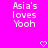 Pixelated text reads "Asia's loves YooH" on bright pink background with two cyan heart symbols at bottom center.