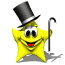 Yellow star-shaped character with black top hat and cane, smiling face on gray background.