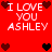 Red background with white text "I LOVE YOU ASHLEY" repeated twice, surrounded by dark red and black pixelated hearts.