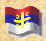 Static pixelated image of a flag with red top, blue middle, and white bottom sections featuring a yellow cross on the blue band.