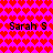 A static image with a bright pink background covered in red heart shapes, featuring repeated text "Sarah S" in black pixelated font.