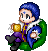 Pixel art character with blue hair and a blue star on forehead sits in green chair, holding golden cup; expressions shift from neutral to drinking pose across frames.