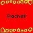Red background with yellow pixelated border shapes and repeated black text 'Rachel!' in multiple
