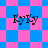 Four identical pixelated text elements 'KyKy' on a shifting blue and pink checkered background with varying arrangements