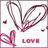 Pixelated icon with maroon and pink heart shapes, scattered fragments, and partial text 'LOVE' on white background.