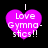Four identical pink heart-shaped icons with white text reading "Love Gymnastics!!" on a black background, arranged in a