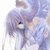 Anime-style character with long purple hair and blue eyes, wearing a white top, in a close-up pose against a light background.
