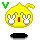 Two yellow pixelated circular characters with bunny ears, one covering eyes with hands, the other smiling with blush marks, both with black shadows below.