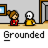 Animated contact sheet showing 25 sampled frames of a pixel art animation featuring two characters in various indoor scenes with repeated text and changing expressions.
