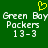 Green background with yellow heart symbol above white pixelated text reading 'Green Boy Packers 13-3' repeated twice.