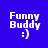 Six identical pixelated 'Funky Buddy :)' icons arranged in a on a blue background with pink rectangular overlays