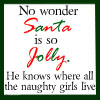 Static image with dark green border containing text: 'No wonder Santa is so Jolly. He knows where all the naughty girls live.'