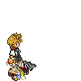 Pixelated character with spiky blonde hair, white shirt, dark shorts, red shoes, and a large key-shaped weapon in multiple action poses against gray background.