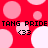 Red background with pink and white circles; black text "TANG PRIDE TANG PRIDE" repeated twice, each followed by \<33\> below. Pixelated style.