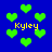 Blue background with green pixelated hearts and yellow text reading 'Kyley' scattered across the image.