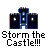 Pixelated castle icon with blue and dark purple towers on a gray background, below which is bold white text reading "Storm the Castle!!!".