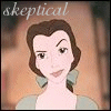 Animated cartoon character with brown hair in a braid, light green earrings and dress, against blurred background; text 'skeptical' on left, 'girl' on right.