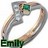 A pixelated ring with a green gemstone and silver band, featuring the name 'Emily' in dark green text at the bottom.